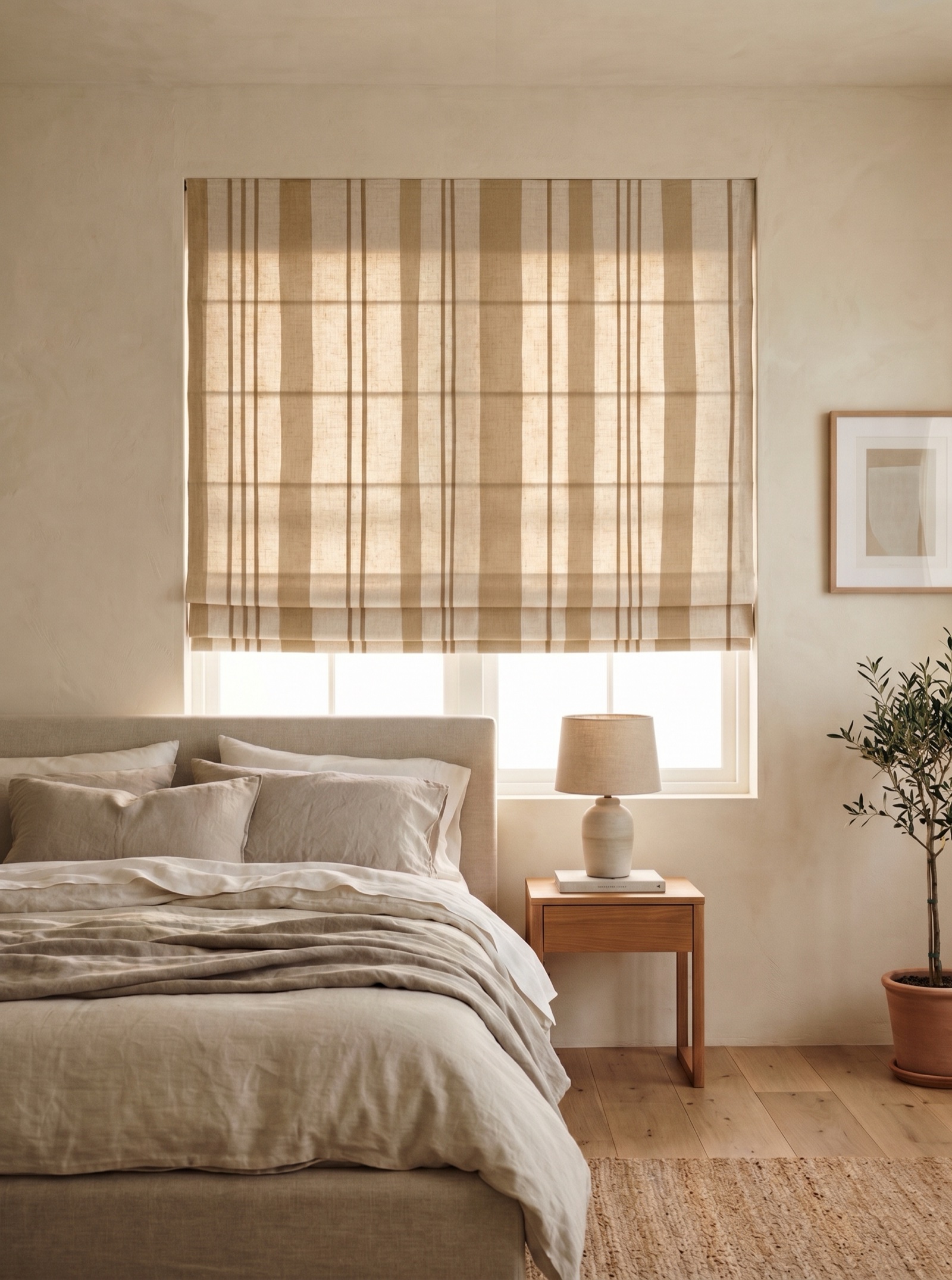 Striped Roman shade in a sunlit bedroom